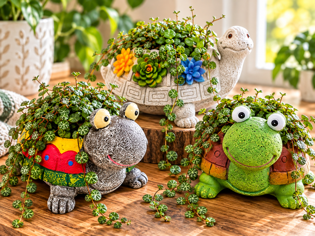 Three colorful turtle planters filled with trailing String of Turtles plants, arranged on a wooden table with a bright, cozy indoor background.