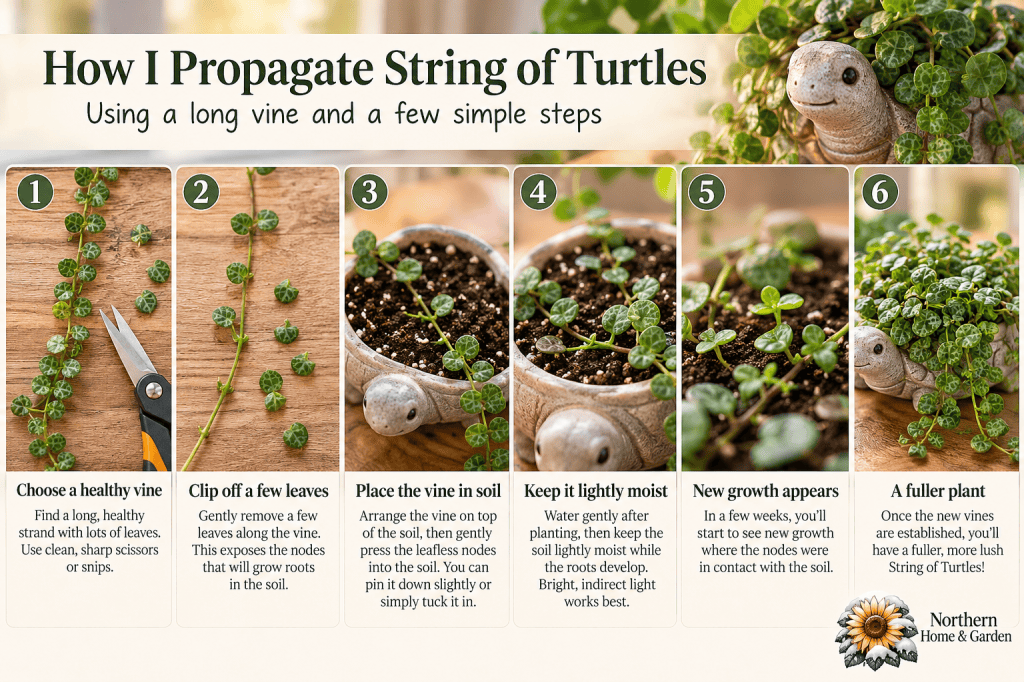 Six-step visual tutorial showing how to propagate String of Turtles by removing leaves from a healthy vine, placing exposed nodes into soil, and encouraging new growth in a turtle planter.