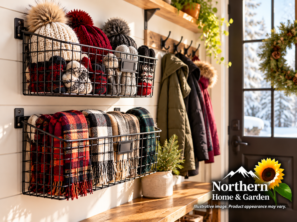 Two black wall-mounted wire storage baskets filled with winter hats, mittens, and scarves in a cozy entryway with a wooden bench and coat hooks.